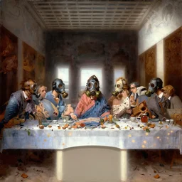 the last supper in gas masks, art nouveau, fantasy atmospheric lighting, digital painting, hyperrealistic, cozy, natural light, volumetric golden dappled dynamic lighting, highly detailed, sharp focus, elegant, by michael komarck, greg rutkowski, victo ngai, artgerm, willem claesz heda and j. dicken