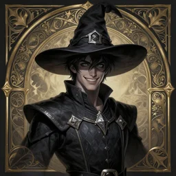 a mind - blowing portrait of a young shadow mage male, wearing a vest with diamond pattern, wearing a wizard hat, joyful, d & d, fantasy, intricate, elegant, highly detailed, digital painting, artstation, concept art, matte, sharp, illustration, hearthstone, art by artgerm and greg rutkowski and alphonse mucha