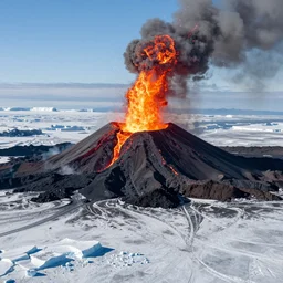 landscape photo by marc adamus, a volcano erupting on an ice covered plane, incredible detail