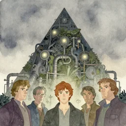 a simple and atmospheric watercolour portrait of a pulp sci cinematic scene with a pyramid covered in industrial piping and foliage with glowing orbs, very muted colors, by rebecca guay, michael kaluta, charles vess and jean moebius giraud