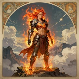 full body portrait of a beautiful young jewel staite. she is a fire wizard with fire red hair and freckles. she is wearing armor inspired by giger with an exposed midriff. standing on a mountain top with epic clouds and volumetric lighting. intricate illustration and highly detailed digital painting. concept art by artgerm with border inspired by alphonse mucha. inspired by brom art and larry elmore.