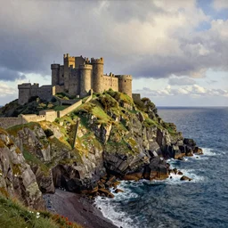 watercoulour of a castle on the edge of an ocean cliff