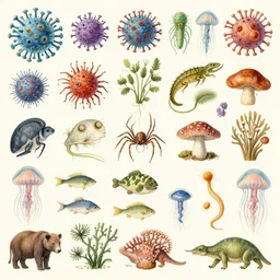 all of evolution as a striking detailed painting, bacteria, viruses, animals, plants, fungi, flagellates, arachnids, invertebrates, bivalves, corals, worms, jellyfish, mammals, fish, reptiles, humans