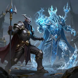 elven warlock battling a human ice mage, drawn by a professional video game artist 30 years in the industry, anatomically correct, complementary colors, high quality, extremely detailed