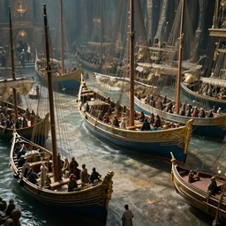 cinematic, high - fantasy, market aquare, blue and gold boats, dozens of people, hybrid from the lord of the rings and art direction by darius zawadzki, sharp focus, highly detailed, wideangle epic scale, dynamic dramatic lighting, shadows, cinematic atmosphere, artstation, hyperrealistic, 8 k 4 k uhd image