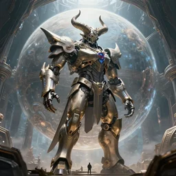 Techno-God is an ancient mechanical giant horned God standing in the inside a huge spherical megastructure, fantastic art, 8k