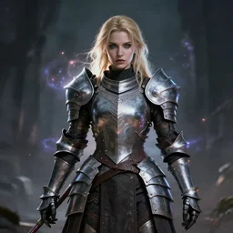 a blonde - haired woman in heavy armor, aura of magic around her, gloomy atmosphere, trending on artstation, hyper detailed