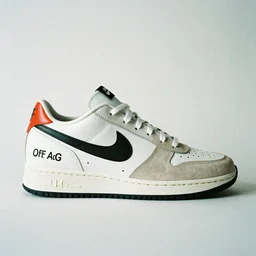 a studio photoshoot of A Nike ACG sneaker designed by Virgil Abloh, leather and suede, Off-White, realistic, color film photography by Tlyer Mitchell, 35 mm, graflex
