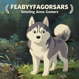 husky puppy animated in ghibli style