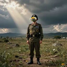 military dictatorship with peace symbols, police state with flowers coming from mouth