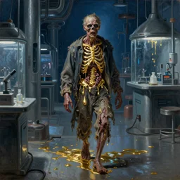 realistic blue Courbet painting of a sci-fi laboratory at night, walking dressed ragged zombie made guts and veins dripping golden shiny metalic fluid from ribcage to the floor. liquid shiny pool of gold on the floor.