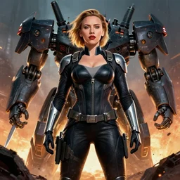 scarlet johansson in cyborg hunter outfit, covering from enemy fire behind a broken mech, art by fred gambino