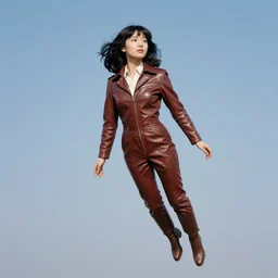 ektachrome, telephoto, highly detailed : incredibly realistic, youthful asian demure floating in the sky, exquisite features, feminine cut, photo 1 9 7 0 s frontiers in flight leather suit cosplay fashion, terry richardson