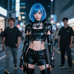 hyper realistic photograph portrait of cyberpunk hot pretty girl with blue hair, wearing a full leather outfit, cyber implants, in city street at night, by makoto shinkai, ilya kuvshinov, lois van baarle, rossdraws, basquiat