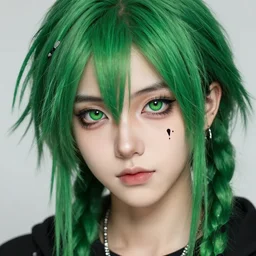 close up of goth kawaii guy with green dreads, anime, detailed anime, hyper realistic anime, realistic anime, manga anime, chibi anime, detailed, highly detailed, hd, 4 k, sharp, clear, high res, high quality, cinematic, 2 point studio lighting,