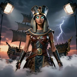dynamic! middle portrait of a biblical diabolical pirate female pharaoh, stylish leather armor, pirate ship! bright glowing eyes, in clouds, strong studio lights, thunder, storm, sunset, by gerald brom, by mikhail vrubel, by peter elson, muted colors, extreme detail, mirrors, trending on artstation, 8 k