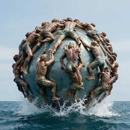 a massive sculpture of desperate people climbing a perfect sphere on the ocean water, in the style of jeff koons and michelangelo, inspired by the greatest sculptors, cinematic, hyper - realistic, very detailed, realistic water splashes, ray tracing, 8 k resolution, long - shot, sharp focus, low angle, 8 5 mm photograph, wide lens