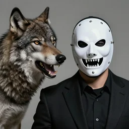 evil wolf snarling at man wearing punisher mask