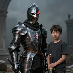 a black knight in shining armor, a terrible mask on his face, eyes burning with red fire. a boy is standing next to him and he has a sword in his hands
