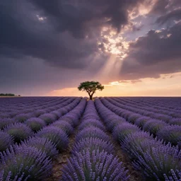 beautiful lavender field, single point perspective,! single tree! on horizon in center, desaturated colors, ultra wide angle, sunset, dramatic sky, by charlie waite