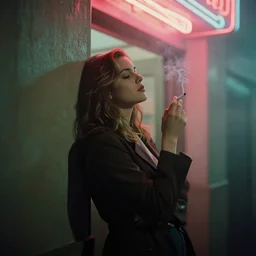 foggy neon night, mila kunis back leaning against a wall smoking a cigarette outside a neon lit entrance, 1 9 8 0 s, intricate, moody, tasteful, highly detailed, shallow depth of field, artgerm, donato giancola, joseph christian leyendecker