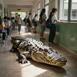 crocodile in a busy school hallway