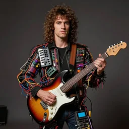 1980s photograph of a man made of electric guitars, wires and 80s modular synthesizers