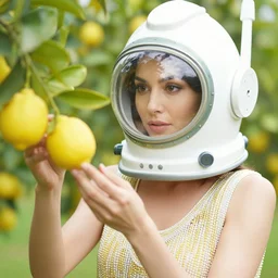 a closeup portrait of a woman in a scuba helmet, wearing a dress made of beads, picking lemons in an orchard, color photograph, by jan van eyck, canon eos c 3 0 0, ƒ 1. 8, 3 5 mm, 8 k, medium - format print