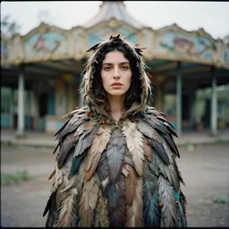 a closeup portrait of a woman wearing a cloak made of birds, in an abandoned theme park, by omar z. robles, canon eos c 3 0 0, ƒ 1. 8, 3 5 mm, 8 k, medium - format print