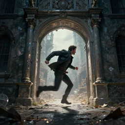 fantasy book cover, dramatic shot of a man running out of a building, ultradetailed, wallpaper, 4k, prismatic