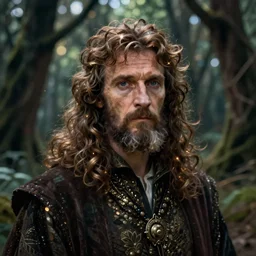 portrait of merlin, the wizard, in a fae forrest. close up, bokeh, editorial photography, nikon d 7 5 0, 8 k, ycbcr, moody lighting, lumen reflections, oil painting by akihito yoshida, annibale carracci, camille corot, and ivan shishkin