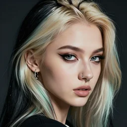 very cool girl blonde hair black back, mint higlights, strong eyelashes, cute nose and lips makeup, nose piercing, detailed portrait, intricate complexity, by greg rutkowski, artgerm, ross tran, conrad roset, takato yomamoto, ilya kuvshinov. 4 k, beautiful, cinematic dramatic atmosphere
