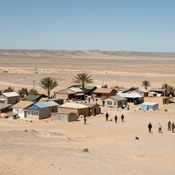 a small village with zombie people in a barren desert