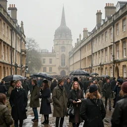 crowds of people in the streets of Oxford England 1810, ight, ominous, light mist, light rain, Canon 5D, DSLR, 8k, photo, by Laurence Norah and Luke Stackpoole, unreal engine, ray tracing, cgsociety, artstation