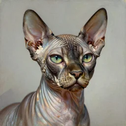 ultra realistic head and shoulders portrait painting of tom selleck as a sphynx cat, art by frank frazetta, 4 k, ultra realistic, highly detailed, epic lighting