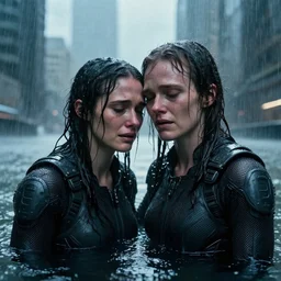 cinestill 5 0 d candid photographic portrait by christopher nolan of two loving female androids sobbing wearing rugged black mesh techwear in treacherous waters, flooded city, medium closeup, modern cyberpunk moody emotional cinematic, pouring iridescent rain bright spotlight, 8 k, hd, high resolution, 3 5 mm, f / 3 2, ultra realistic faces, ex machina