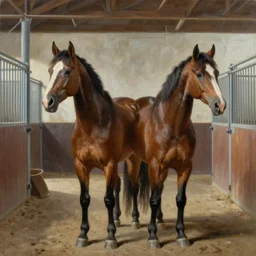 a stunning ultra realistic painting of horses diffused into one another inside a stable by tom bagshaw, 24mm lens, 4k