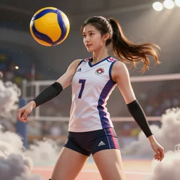 a beautiful female goddess of the volleyball character, character is in all its glory, character is in her natural relaxed pose, rim lights, particles and dust in the air, fancy clouds, highly detailed professional photo, dynamic lights, particles are flying, depth of field, trending on artstation, professional illustration, hyper realistic, vray caustics, super detailed, colorful accents, cinematic shot
