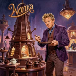 A mixed media painting of gordon ramsay inspecting willy-wonka\'s chocolate factory on kitchen nightmares, by Frank Frazetta, Greg Rutkowski, Beeple, post-processing, low angle, masterpiece, cinematic, isometric, volumetric lighting