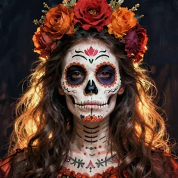 Illustration of a sugar skull day of the dead girl, art by edmund leighton
