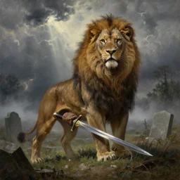 muscular lion as barbarian hunter with sword  , very textured detailed oil painting panoramic 4k hires detailed portrait by rembrandt,  dramatic clouds, thunder in the foggy graveyard  ,sun rays through trees