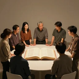 A beautiful computer art of a group of people standing around a circular table. In the center of the table is a large, open book. The people in the computer art are looking at the book with interest and appear to be discussing its contents. warm light by Susan Seddon Boulet, by Yoji Shinkawa