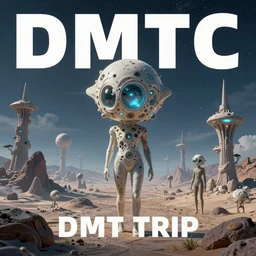 surrealism album cover of a dmt trip where you find out all of the answers to life,