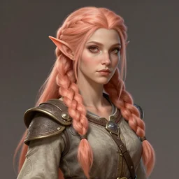female firbolg dungeons and dragons with long braided peach color hair, wearing an old tunic, d & d digital character illustration, artstation trending female illustration, intricate, sharp focus, highly detailed, digital painting, matte, character art by prywinko art, amazing art of feminine ygritte, studio quality, masterpiece