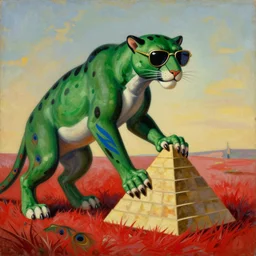 a green panther wearing sunglasses with a peacock tail, nail polish, blue stripes, keeping a pyramid, red grass, oil on canvas, by salvador dali and joseph mallord william turner