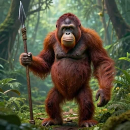 “tall Goblin orangutan hybrid with mange holding a spear, jungle background” n-9