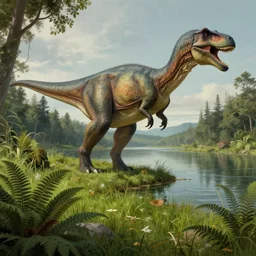 landscape dinosaurs lake jurassic ferns grass, deep focus, intricate, highly detailed, digital painting, artstation, concept art, matte, sharp focus, illustration, art by artgerm and greg rutkowski