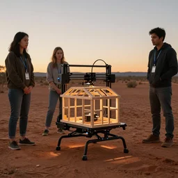 flying robotic drone 3d printer printing an earthship house frame in the australian desert, supervised by an asian, caucasian and indian woman,  XF IQ4, 150MP, 50mm, F1.4, ISO 200, 1/160s, dawn