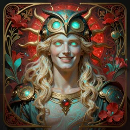 the pale blond sun god apollo smirking, owl helmet, full body shot, steampunk, glowing eyes, volumetric lights, red and cyan theme, art nouveau botanicals, intricate, highly detailed, digital painting, artstation, concept art, smooth, sharp focus, cinematic, illustration, beautiful face, art by artgerm and greg rutkowski and alphonse mucha