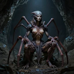female drider with a human torso coming out of a spider's head sitting in a dark cave, ultra detailed, high fantasy, monster, creature design, monster design, animatronic, realistic, concept art, octane render, 8 k, moody lighting, muted colors, blue tone light, dramatic lighting, john singer sargent, matte painting